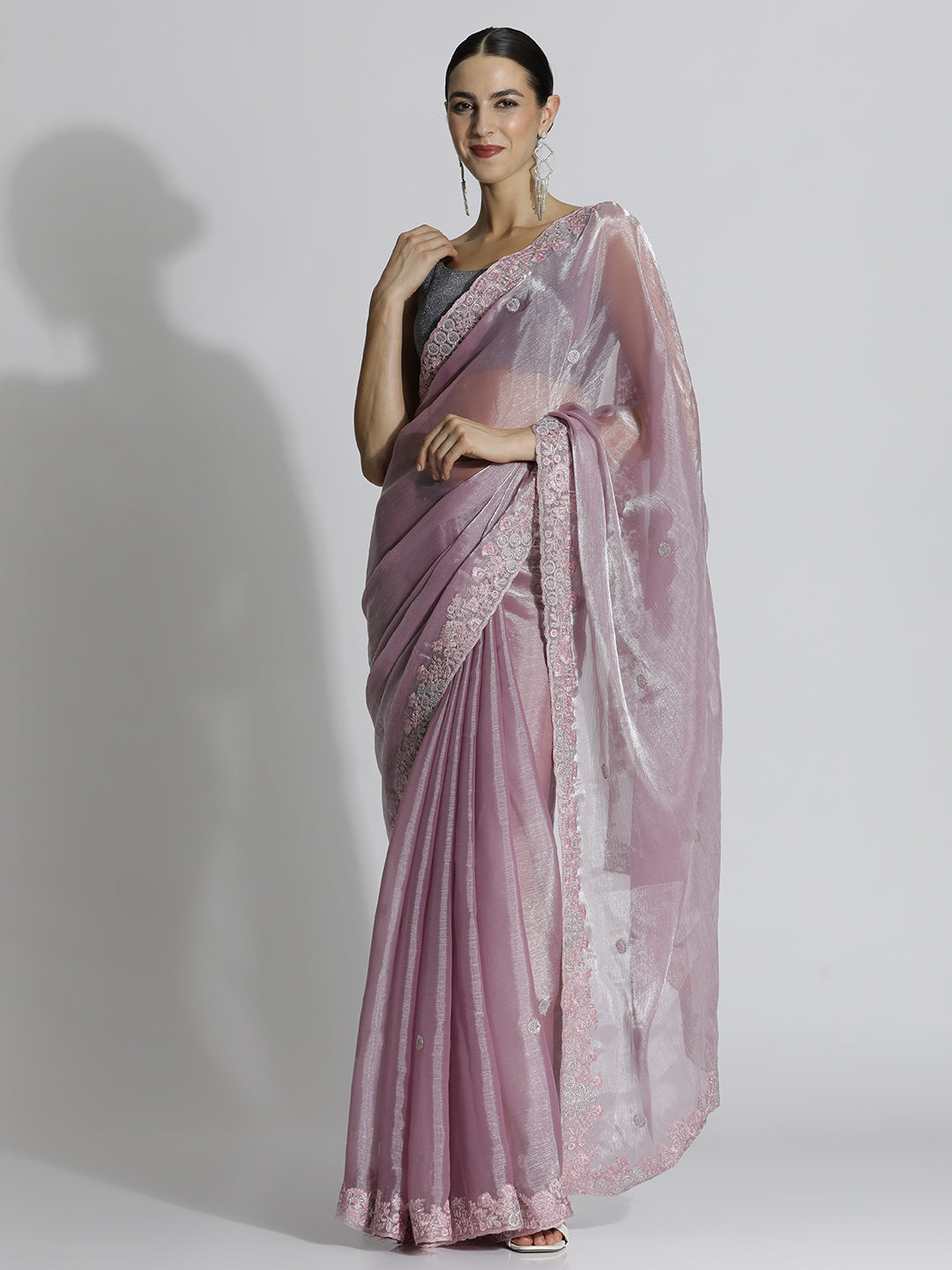 Party Wear Embroidered Tissue Purple Saree