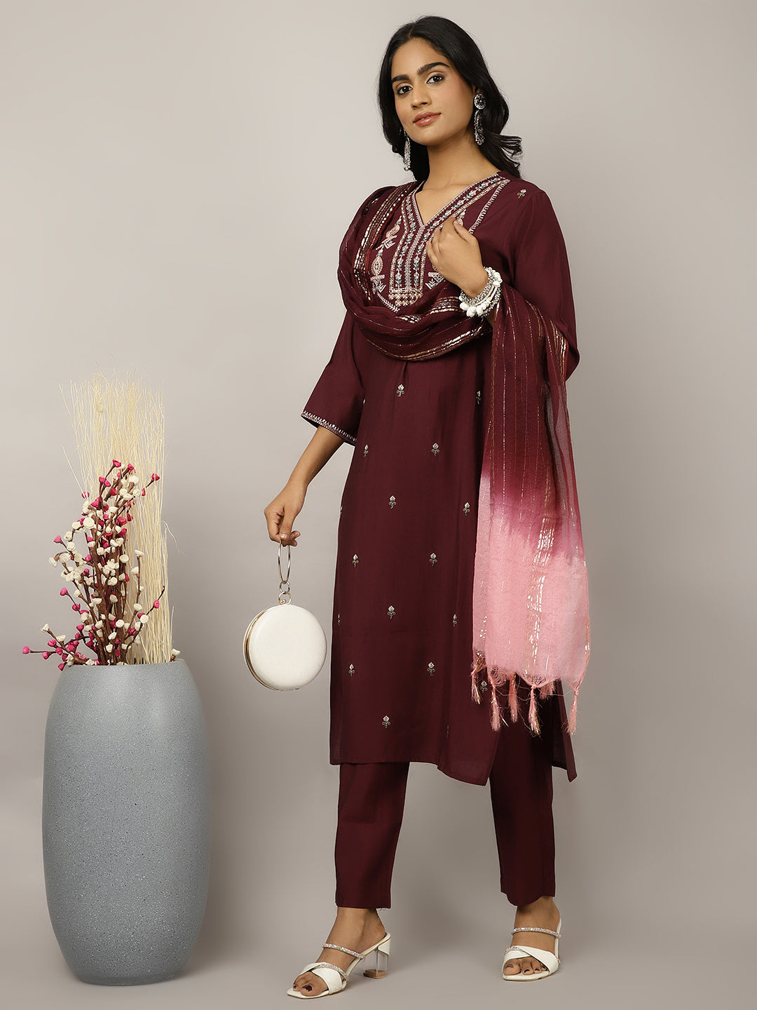 Silk Blend Wine Embroidered Suit Set