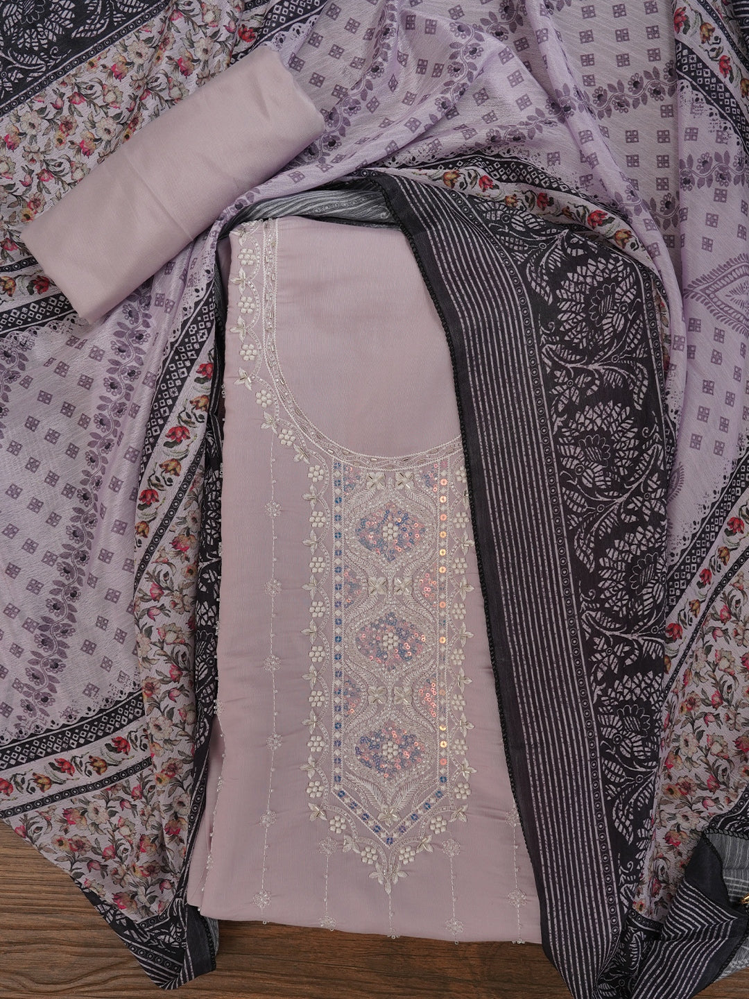 Lavender Embellished Pure Silk Dress Material with Dupatta