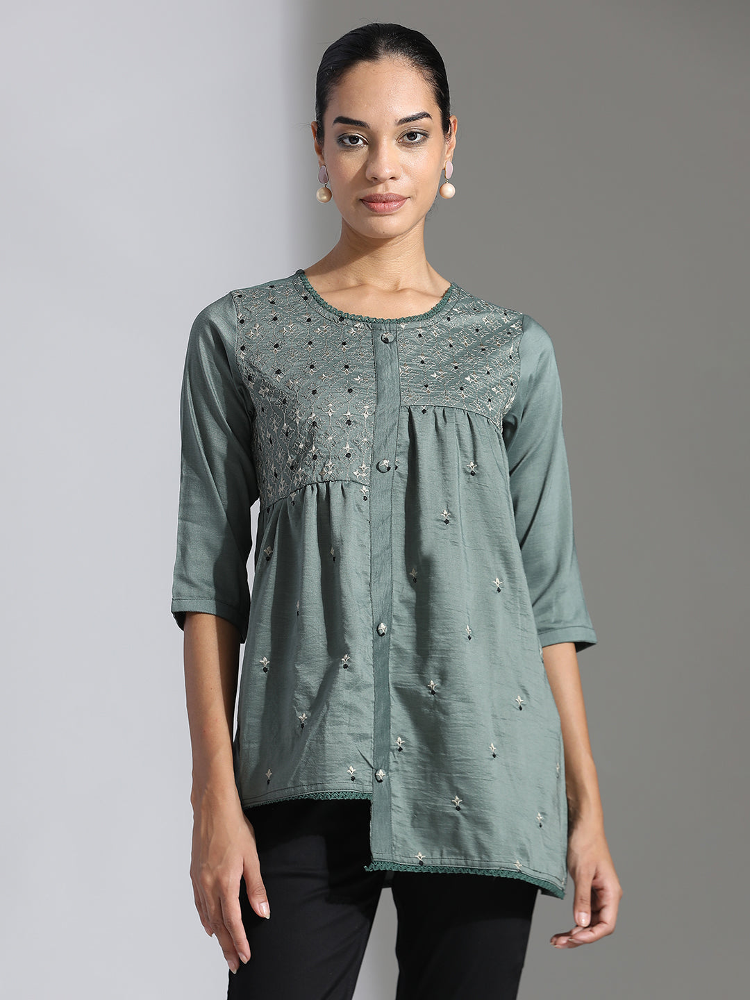 Olive Green Embroidered Party Wear Asymmetrical Top