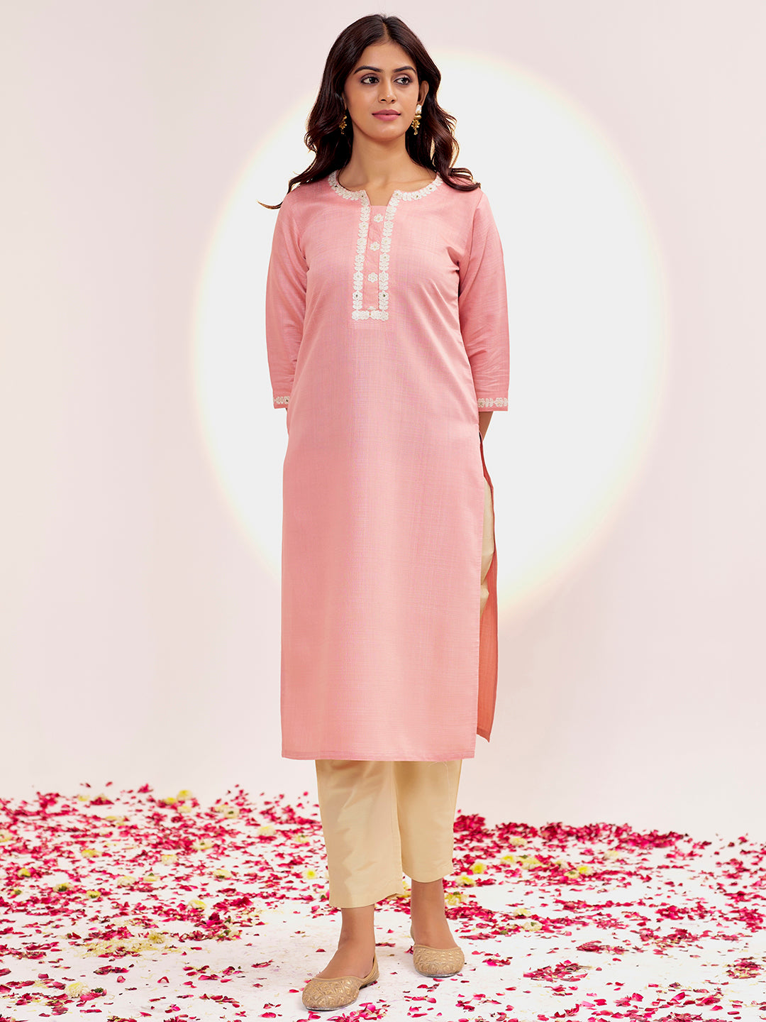 Peach Self Woven Dori Embroidered Kurta Set