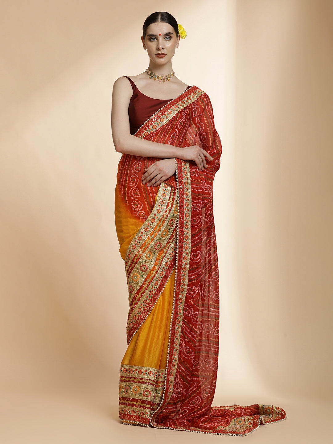 Traditional Bandhani Embroidered Red Pure Georgette Saree