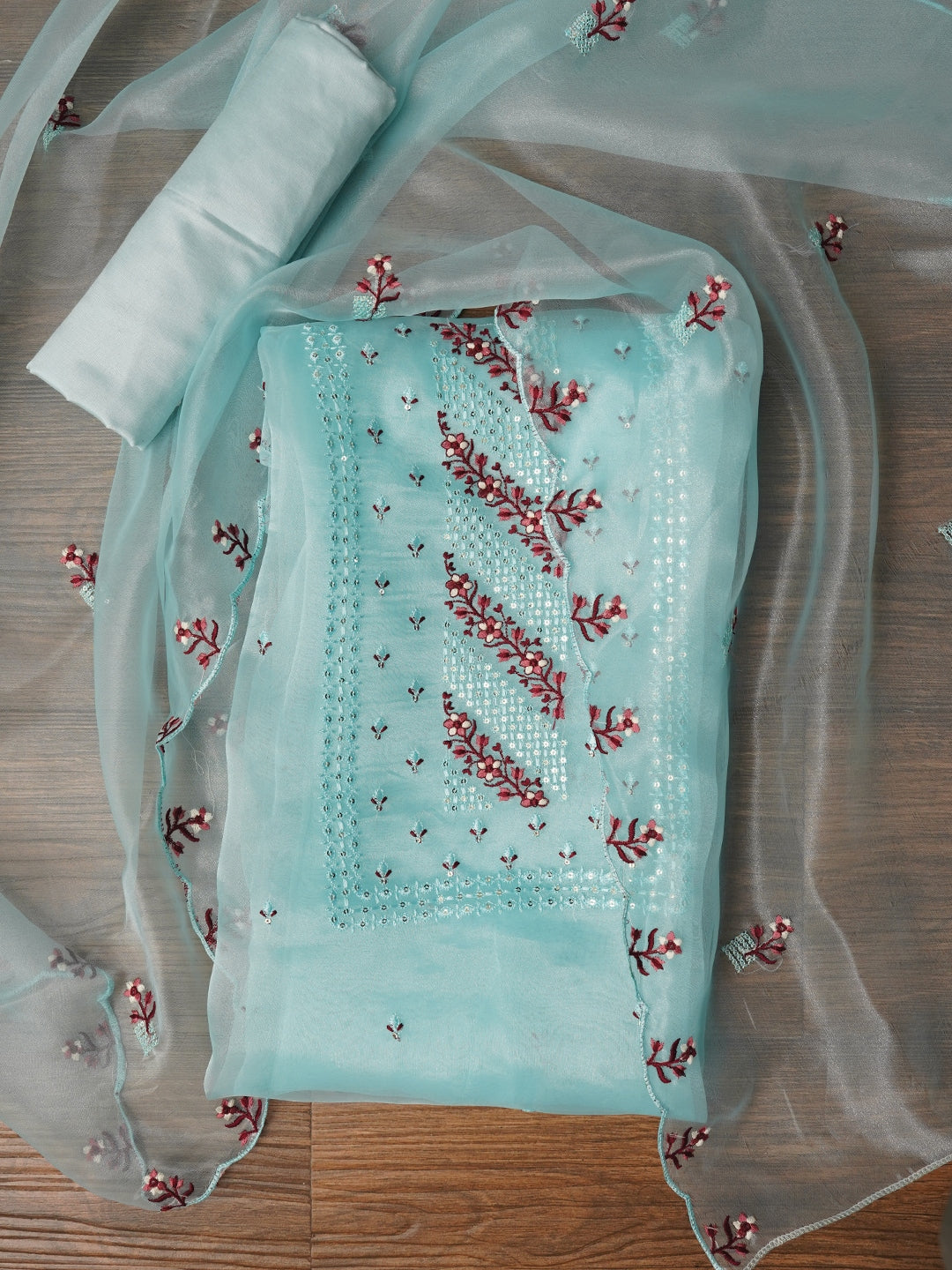 Zari Sky Blue Embroidered Organza Dress Material with Dupatta