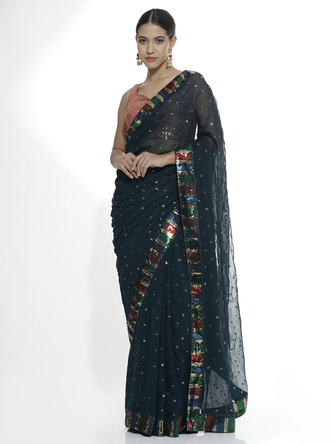 Party Wear Sequin Work Teal Georgette Saree