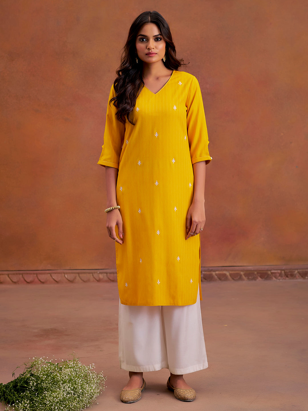 Mustard Self Woven Embroidered Straight Kurta