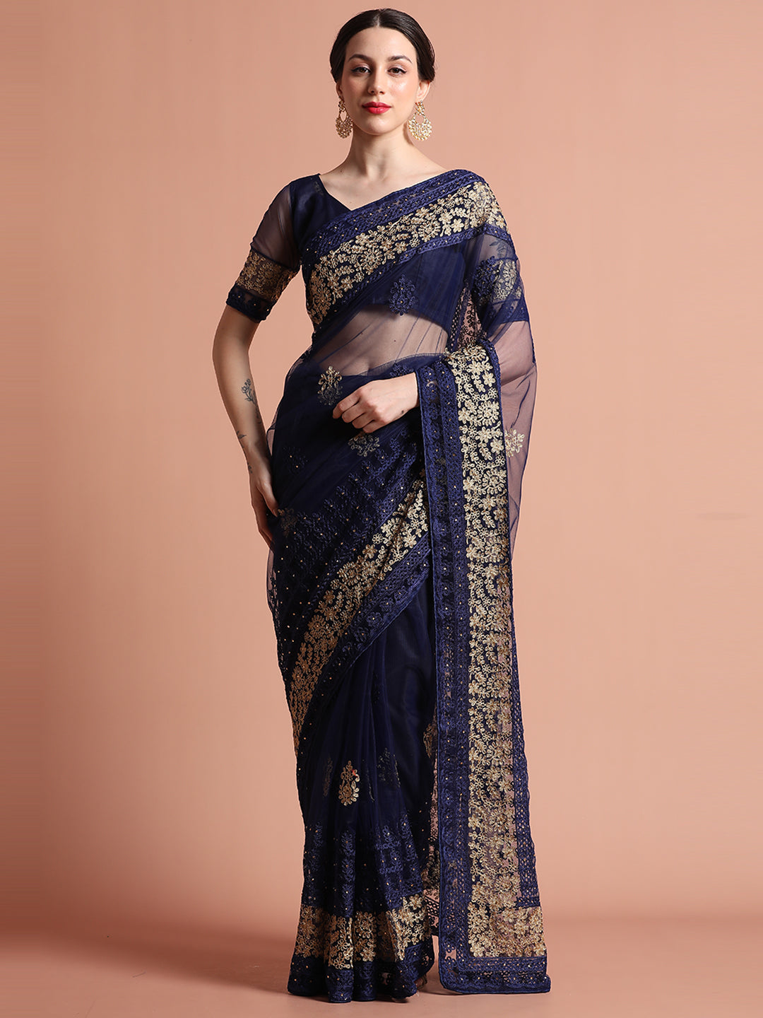 Navy Blue Floral Embroidered Net Party Wear Saree