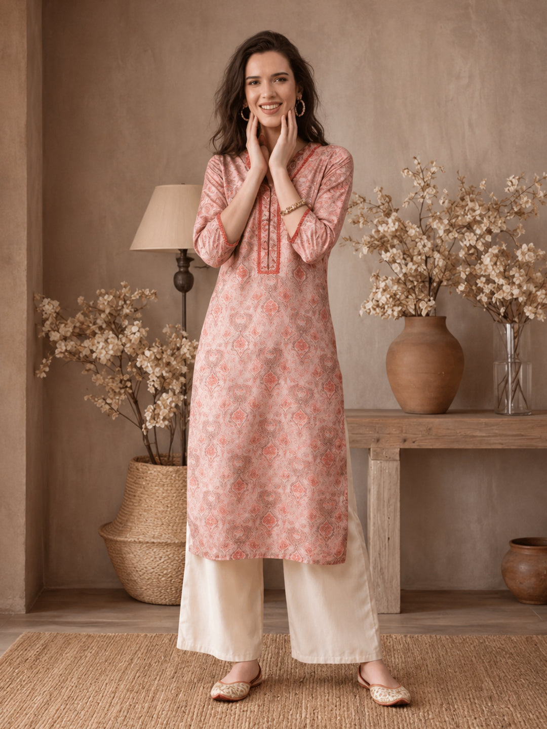 Ethnic Printed Peach Straight Kurta With Lace