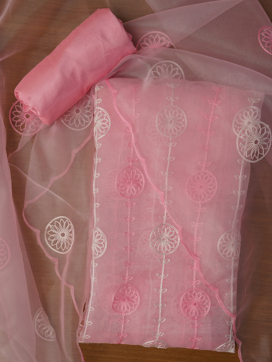 Unstitched Baby Pink Embroidered Organza Dress Material With Dupatta