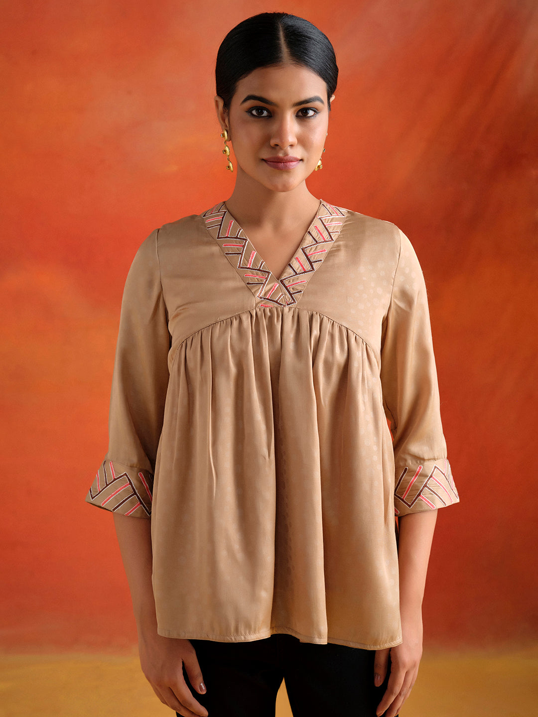 Beige Resham Embroidered Gathered Top