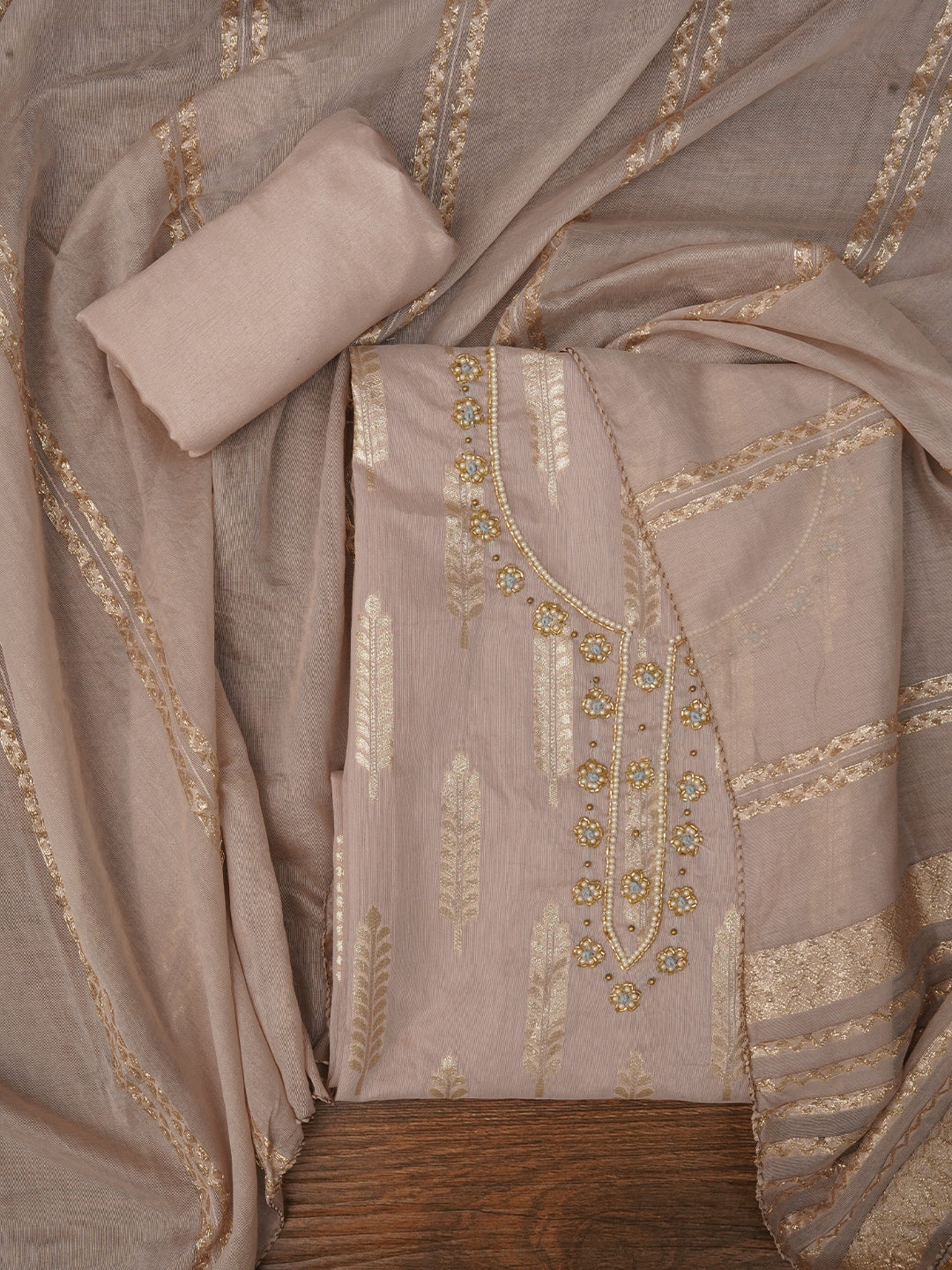 Light Purple Unstitched Zari Silk Blend Dress Material With Dupatta