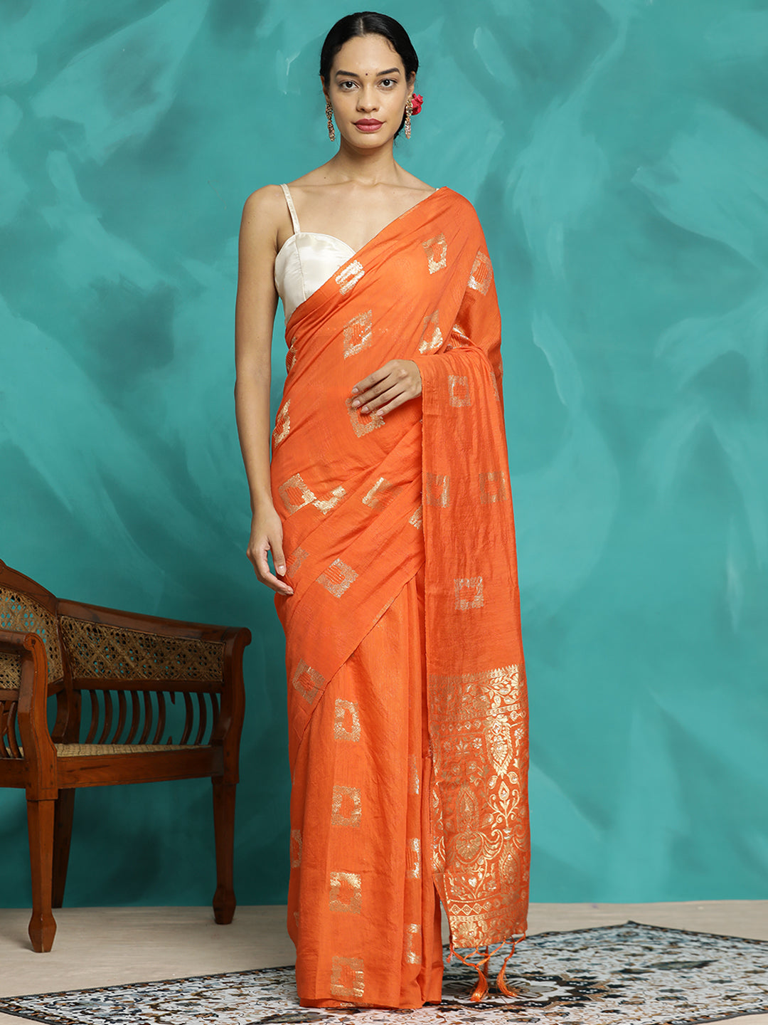 Orange Zari Woven Cotton Blend Banarasi Saree