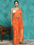 Orange Zari Woven Cotton Blend Banarasi Saree