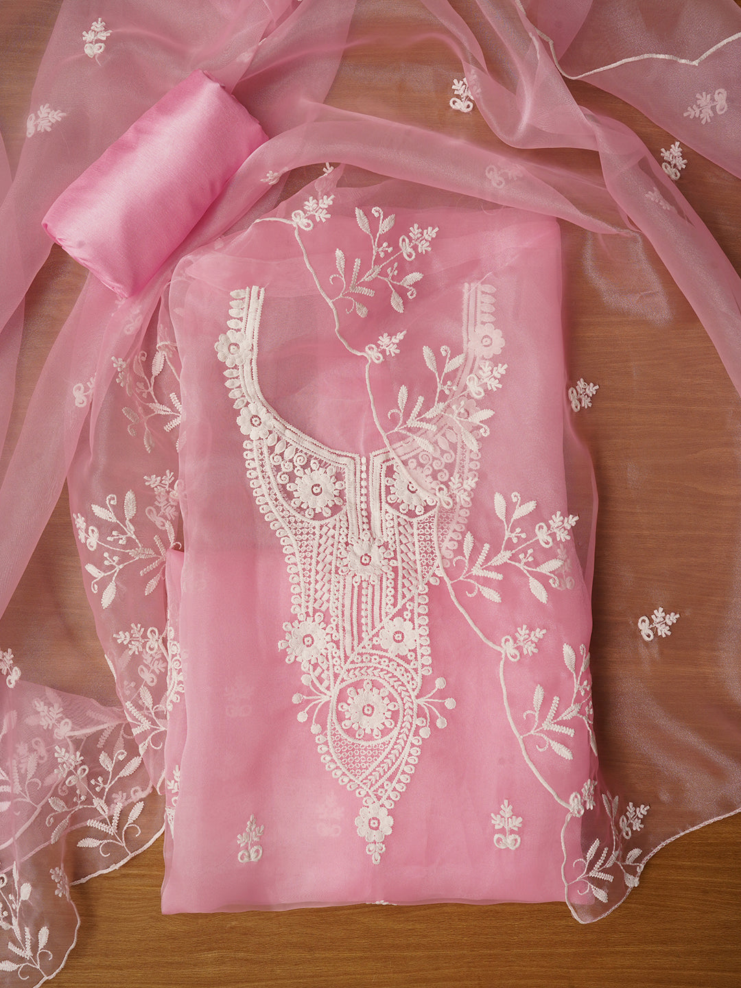 Baby Pink Embroidered Organza Dress Material with Dupatta