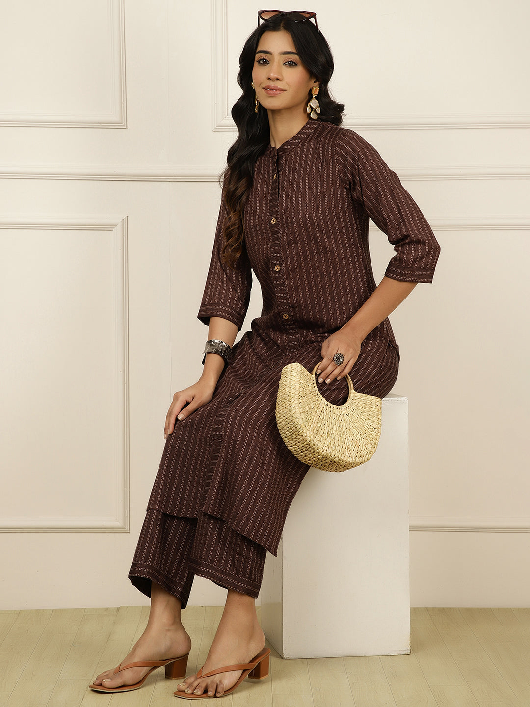 Brown Self-Design Straight Kurta With Palazzo