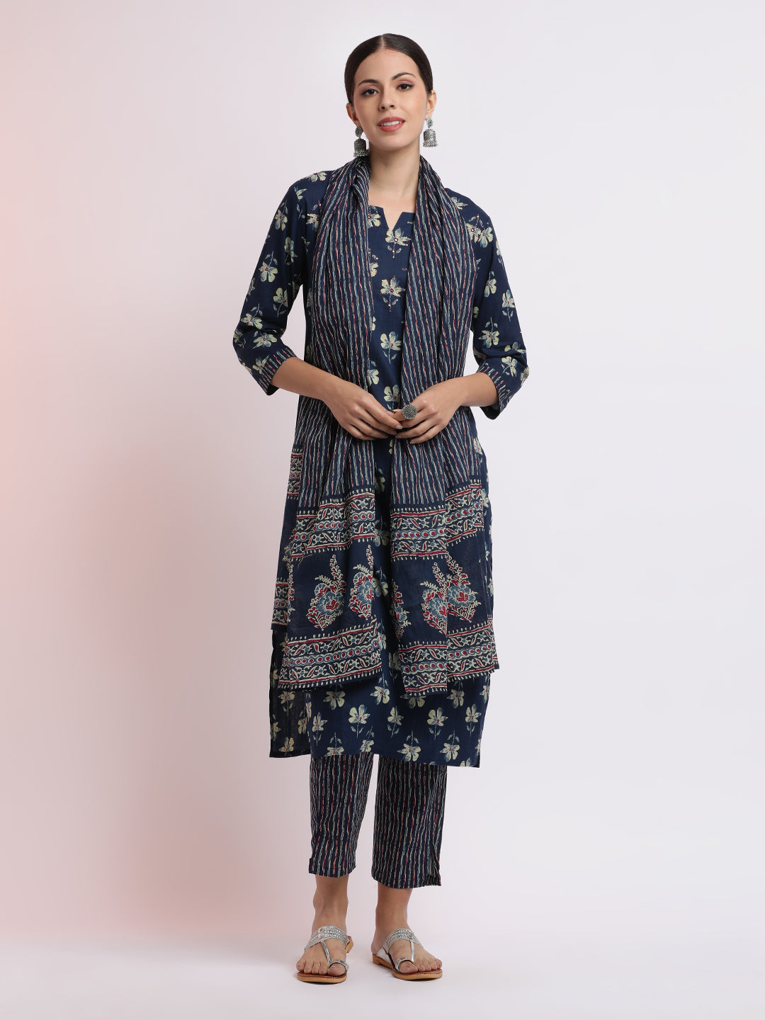 Embroidered Cotton Kurta Set With Dupatta