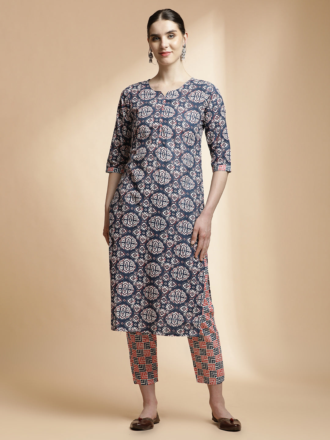 Navy Blue Ethnic Motif Printed Cotton Blend Kurta Set