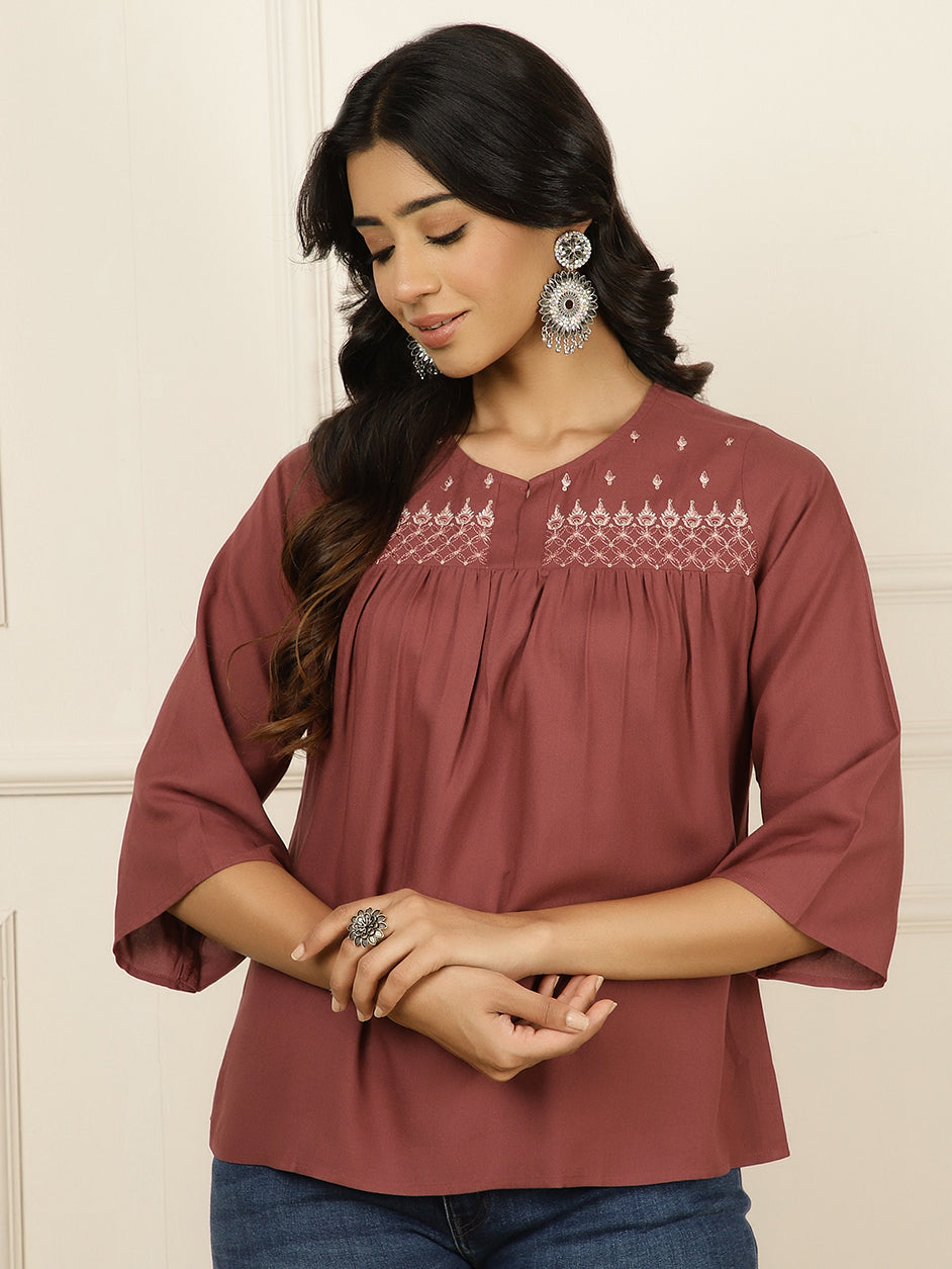 Mauve Embroidered Gathered Top