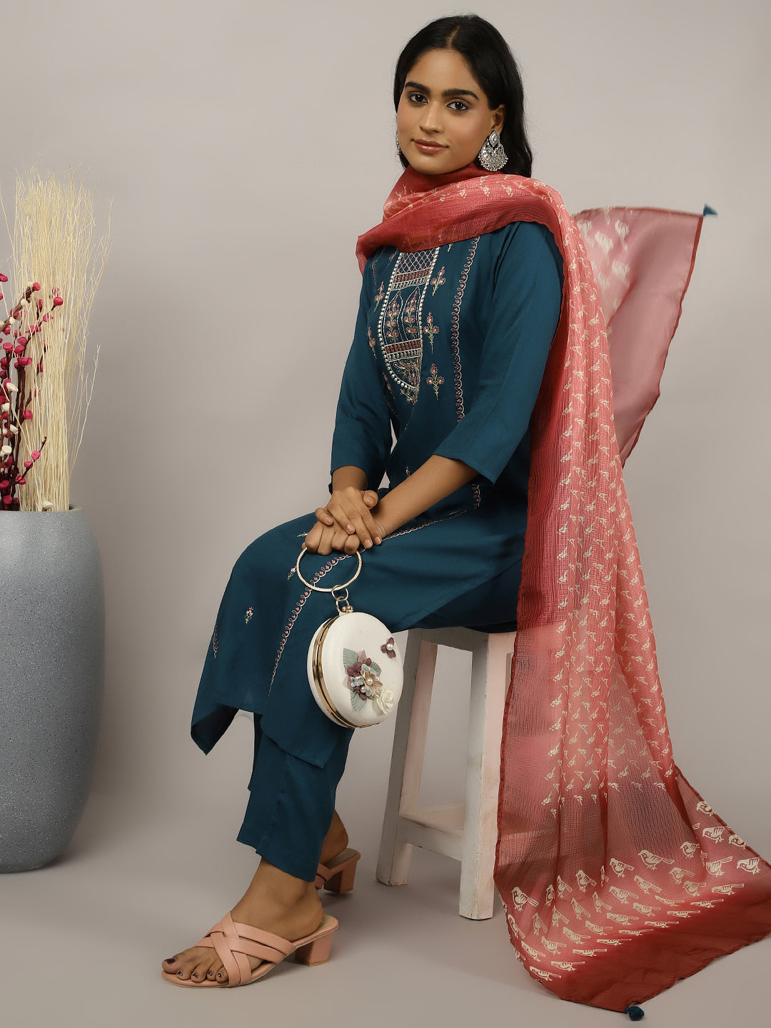 Teal Embroidered Kurta Set With Dupatta