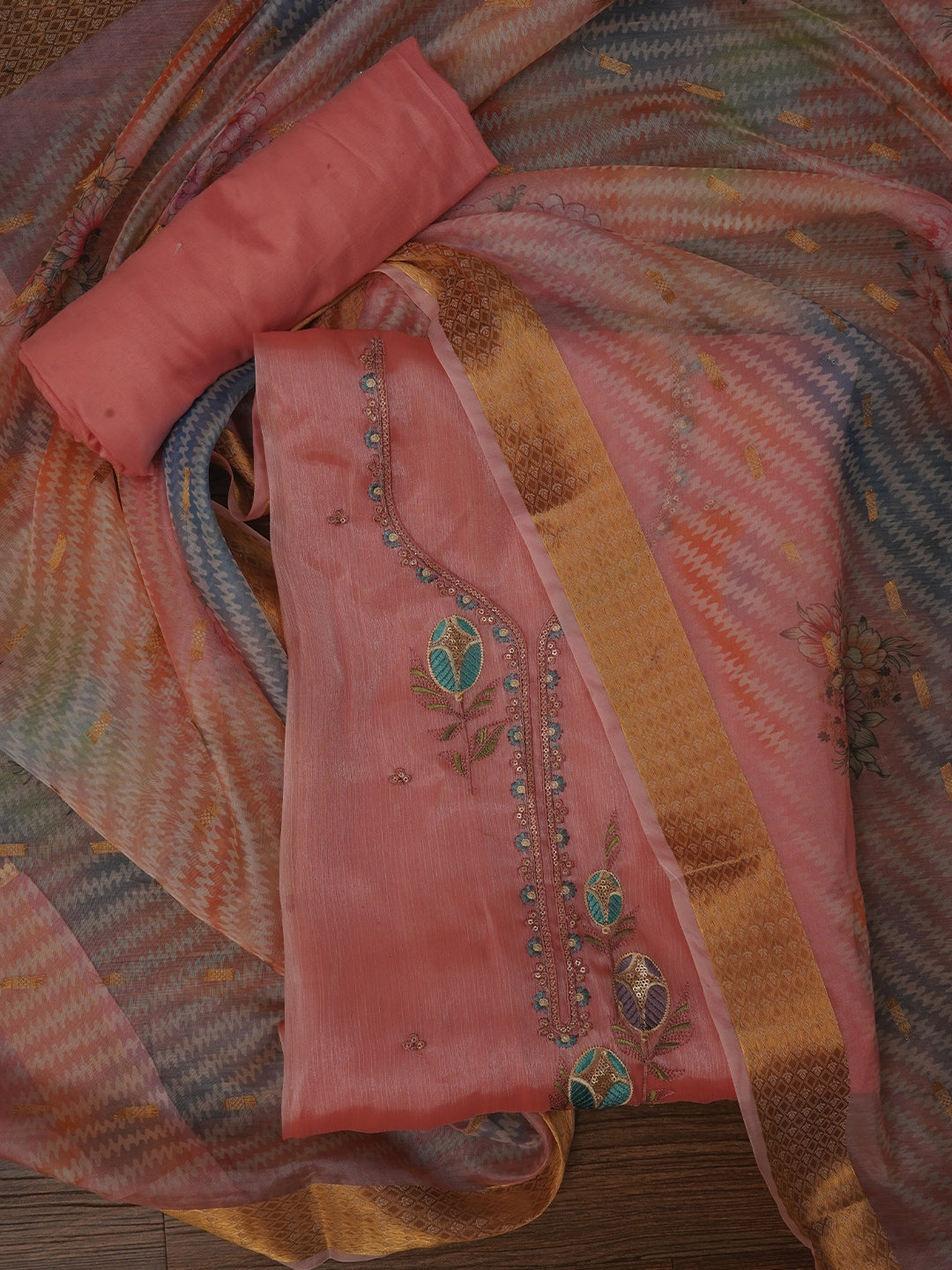 Peach Unstitched Embroidered Pure Silk Dress Material With Dupatta