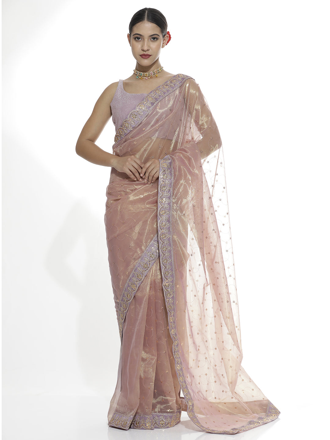 Pink Sequin Embroidered Net Party Wear Saree