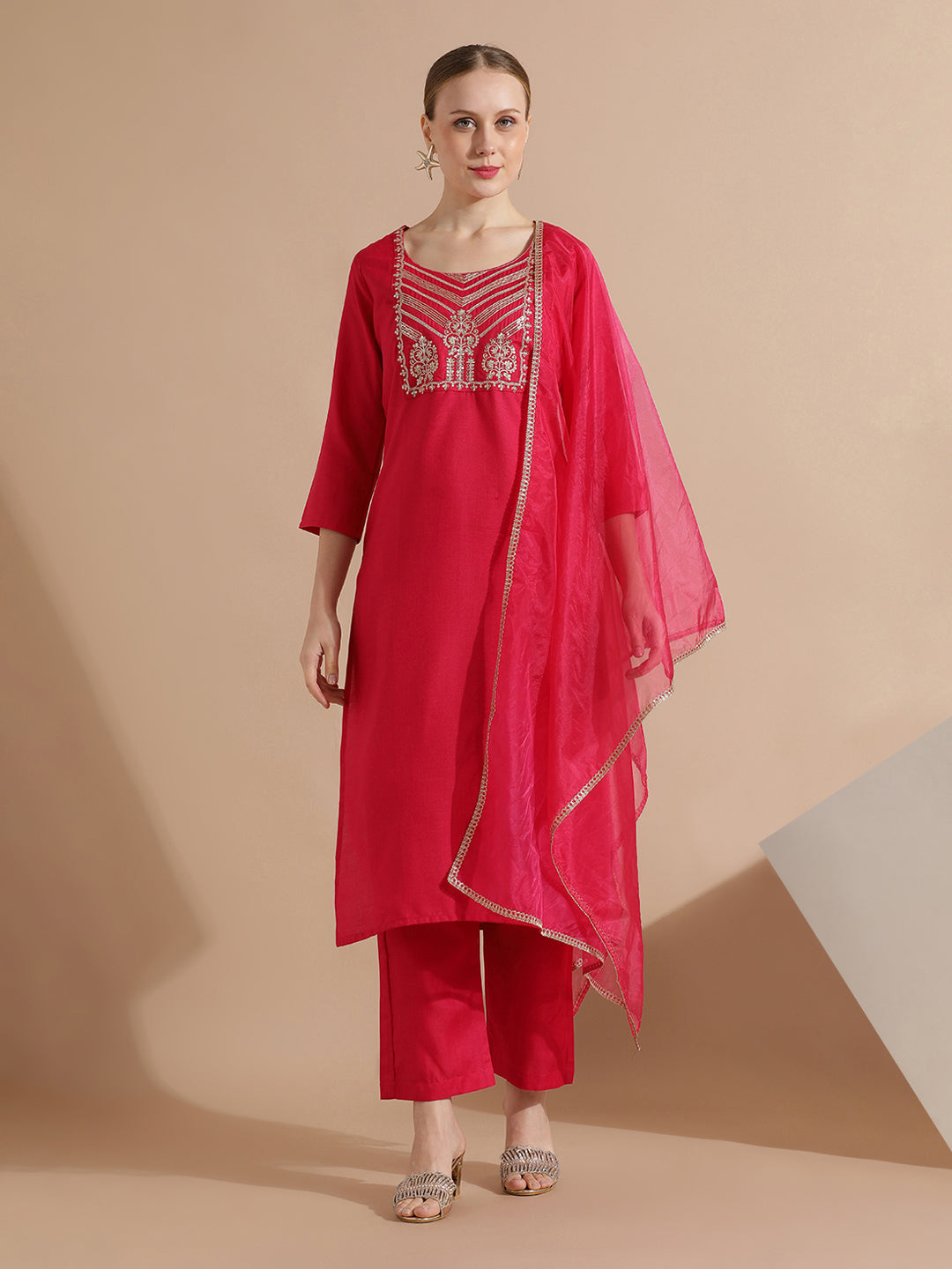 Zari Embroidered Cotton Blend Kurta Set With Dupatta