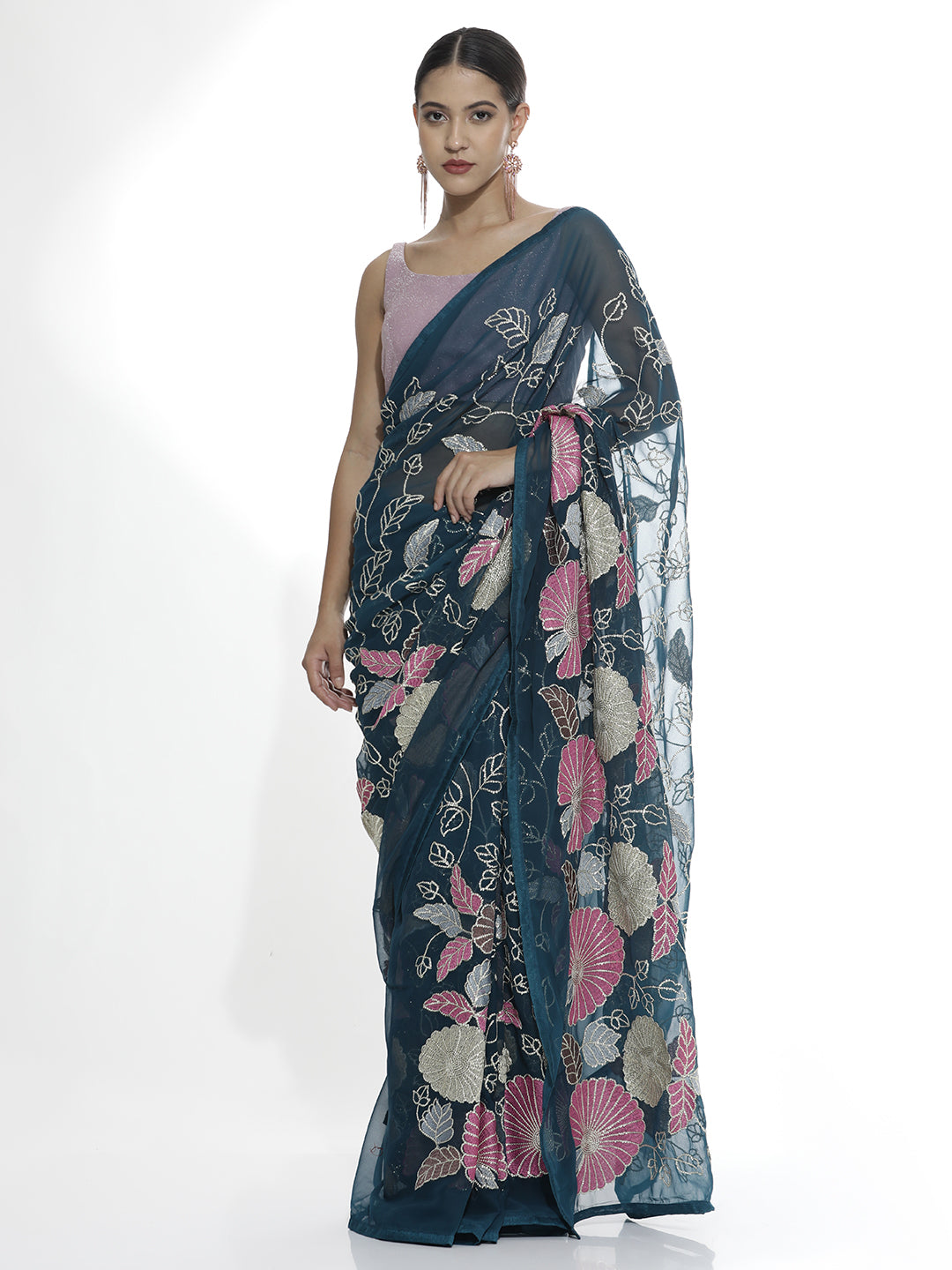 Teal Floral Sequin Work Pure Georgette Saree