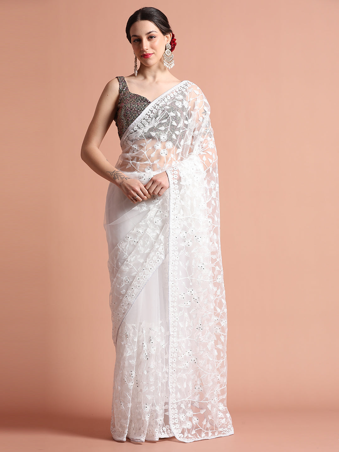 White Party Wear Floral Embroidered Net Saree