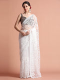 White Party Wear Floral Embroidered Net Saree