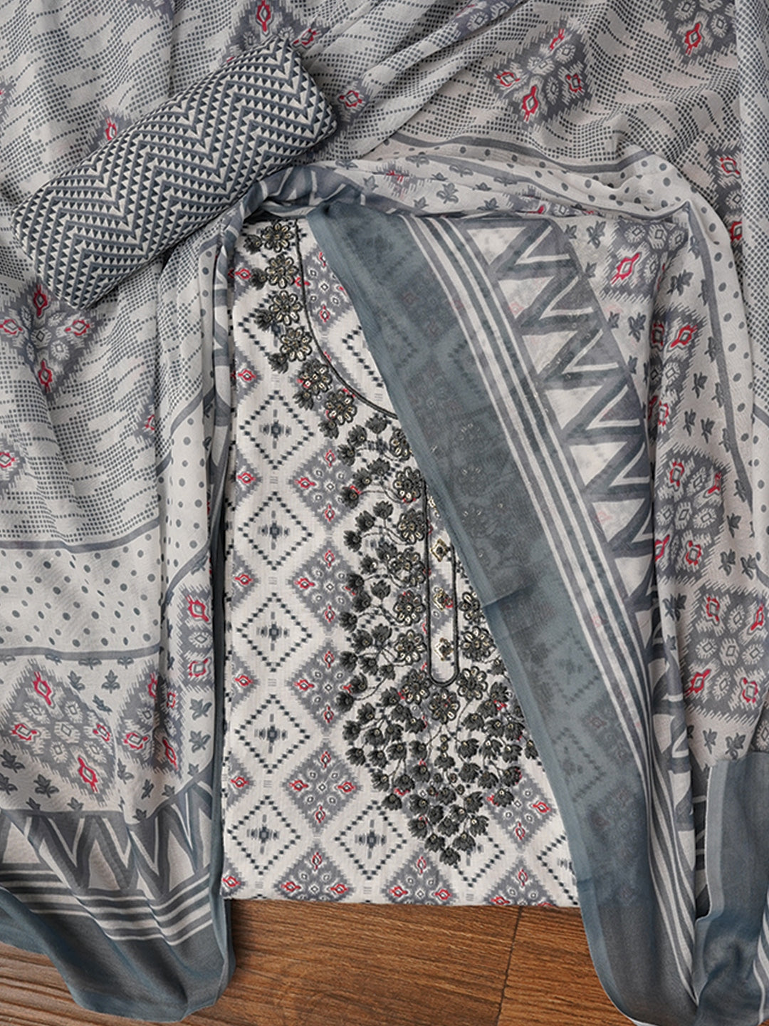 Grey Embellished Printed Pure Cotton Dress Material with Dupatta