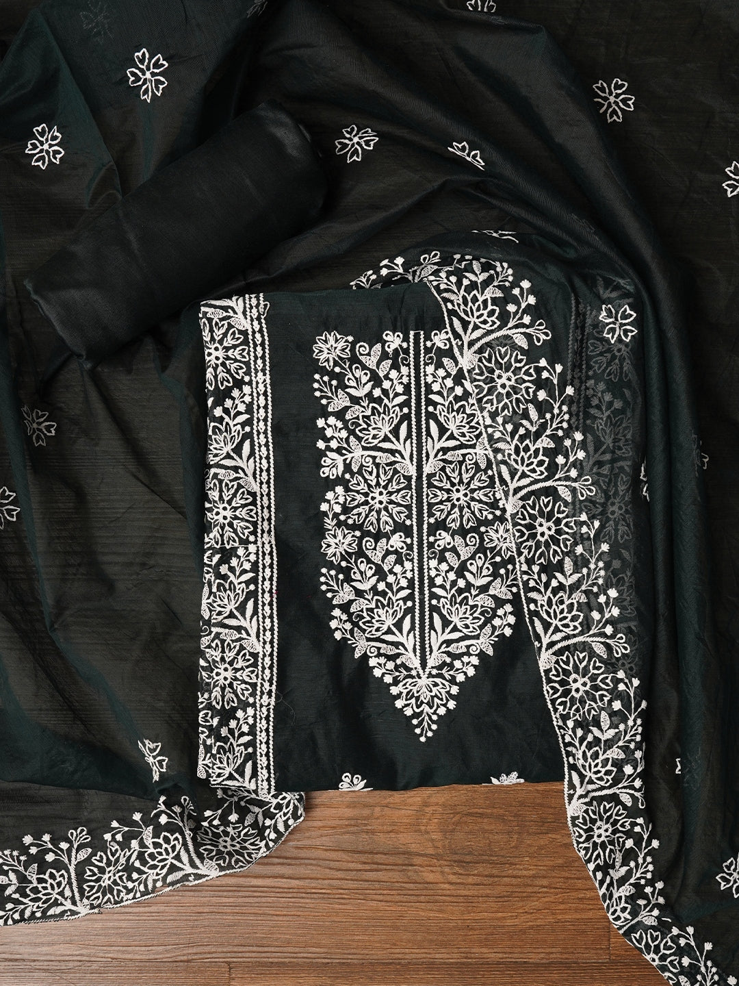 Zari Green Embroidered Organza Dress Material with Dupatta