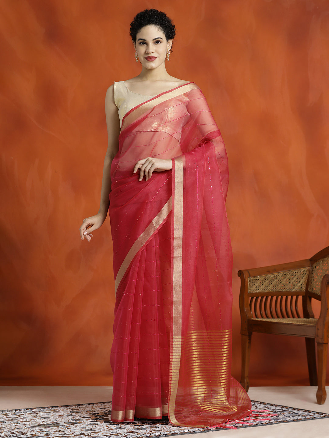 Pink Sequin Embellished Banarasi Organza Saree