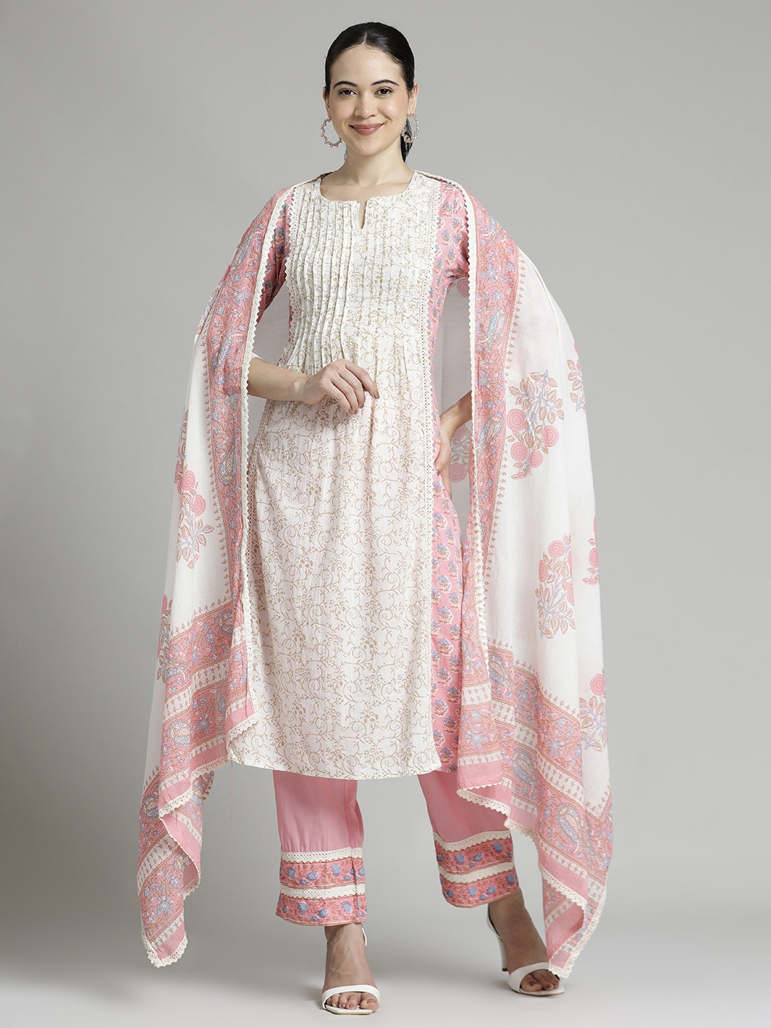 Pink Ethnic Printed Cotton Kurta Set with Dupatta