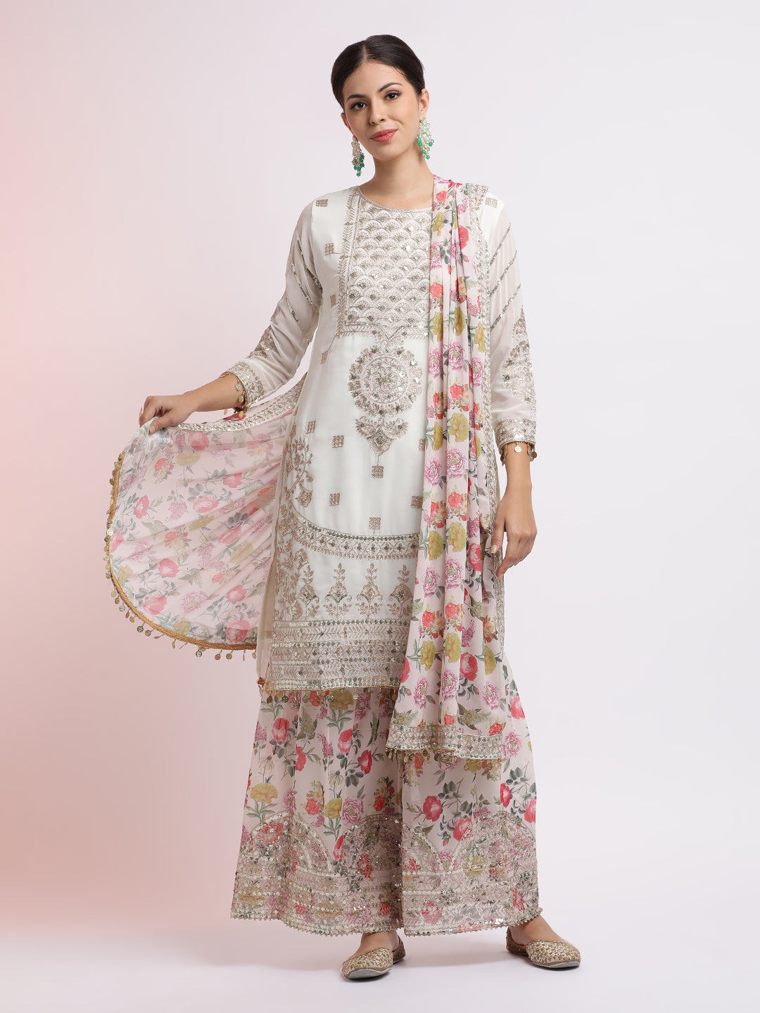 White Zari Embroidered Kurta With Floral Sharara And Dupatta