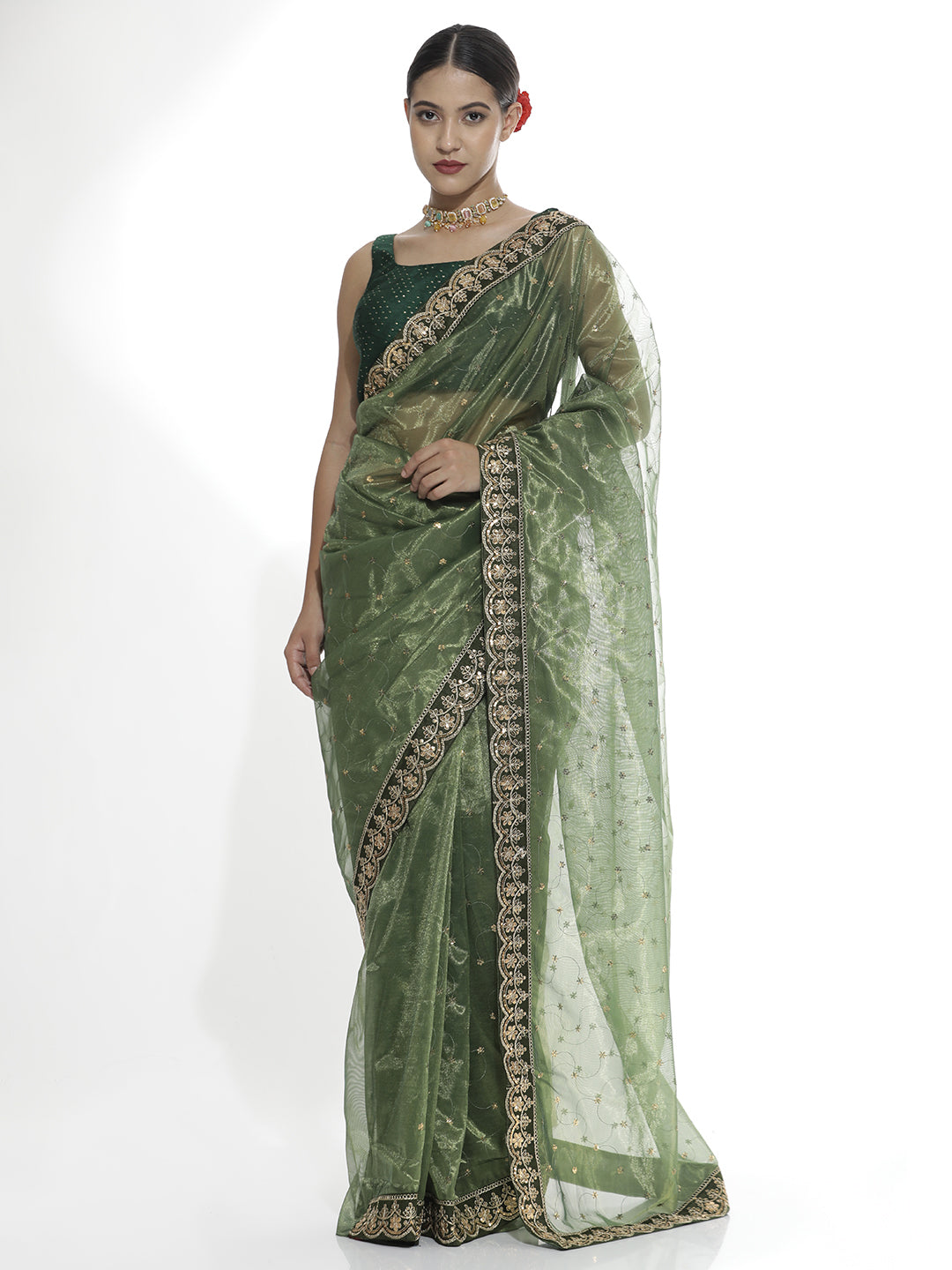 Green Sequin Embroidered Net Party Wear Saree