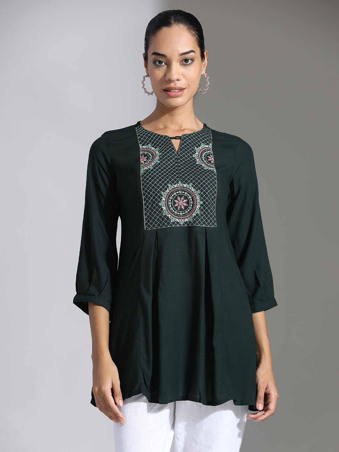 Green Embroidered Party Wear A-line Top