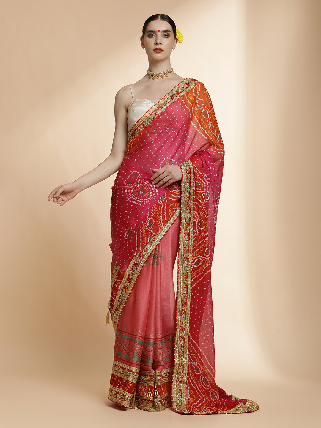 Heavy Bandhani Embroidered Pure Georgette Pink Saree