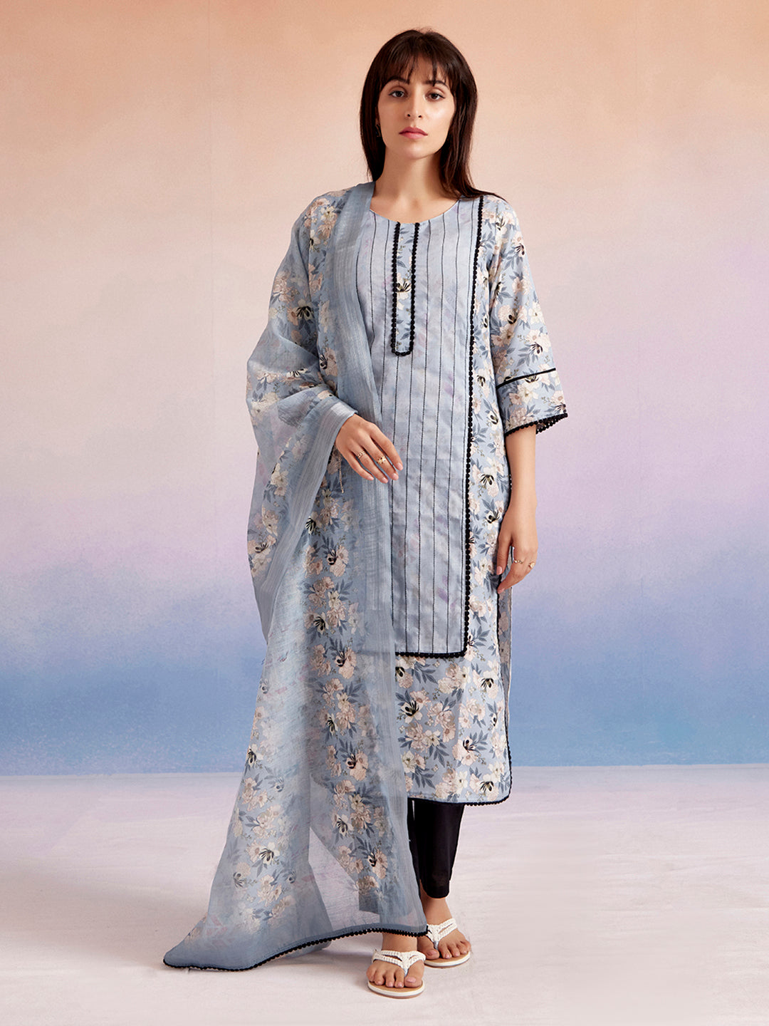 Blue Floral Printed Kurta Set With Dupatta