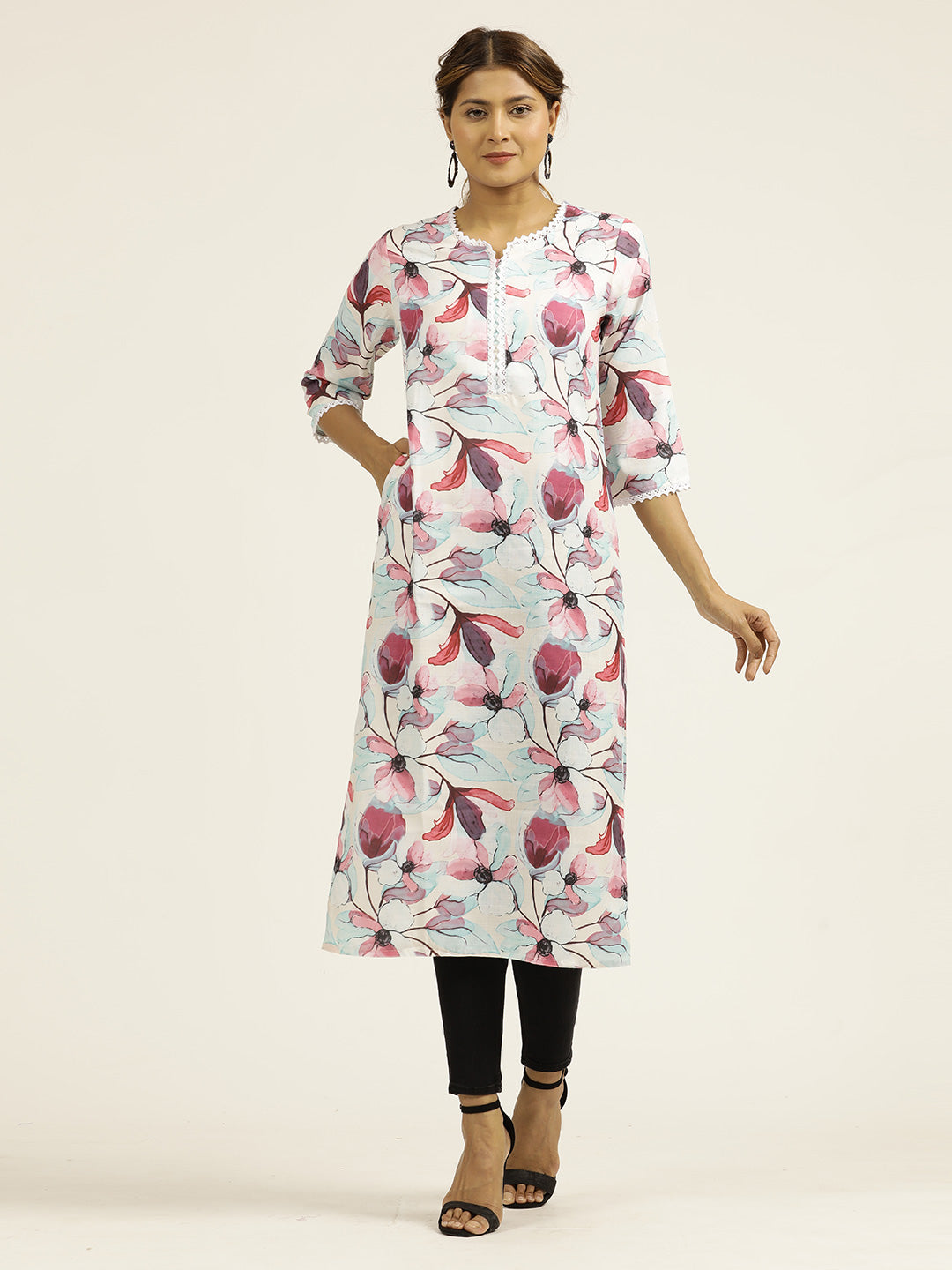 Magenta Floral Printed Straight Kurta