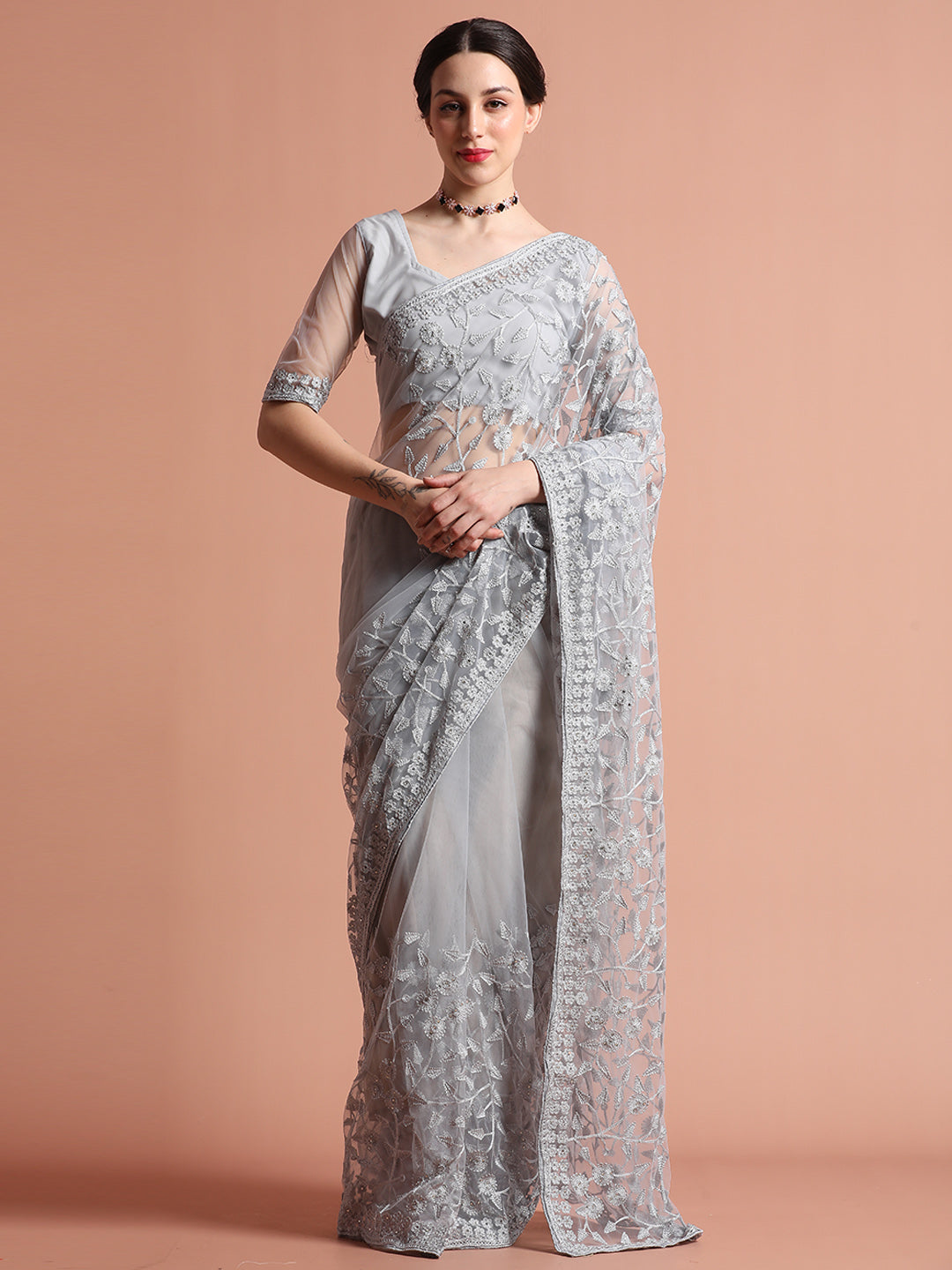 Grey Party Wear Floral Embroidered Net Saree