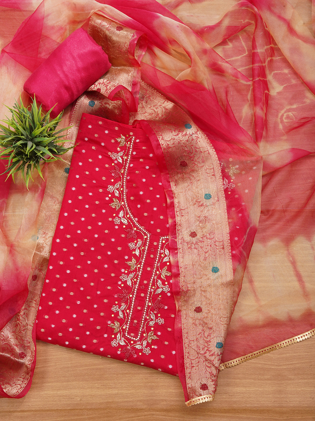 Unstitched Pink Silk Blend Embellished Dress Material With Dupatta