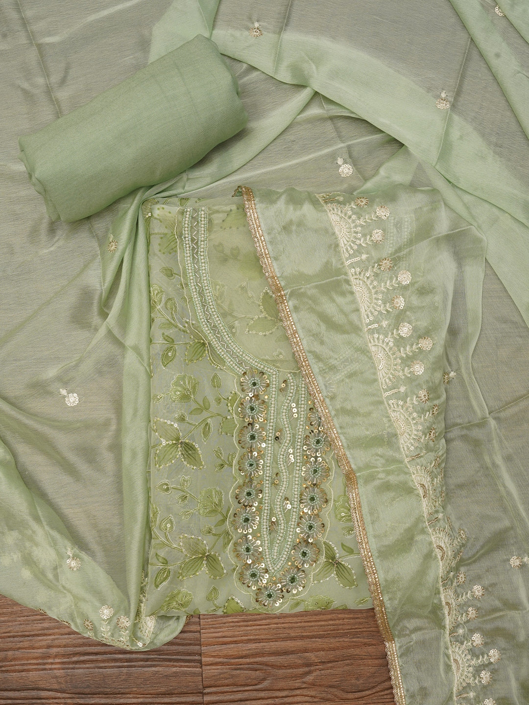 Sea Green Sequin Embellished Organza Dress Material with Dupatta