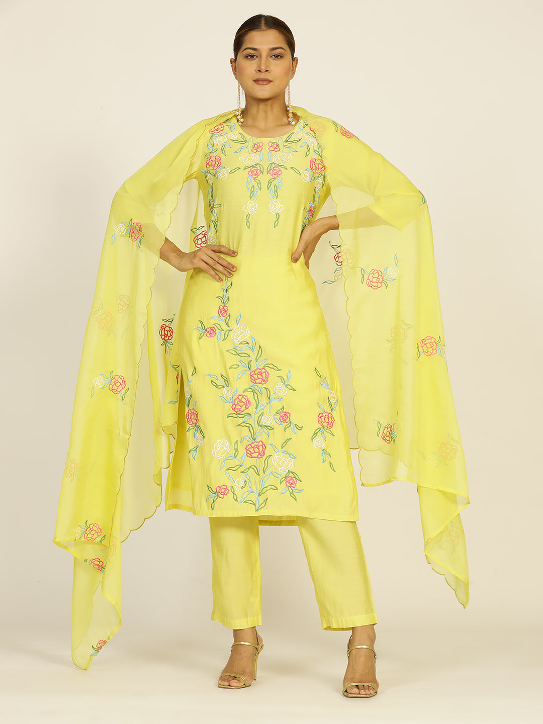 Lime Green Resham Embroidered Chanderi Festive Suit Set