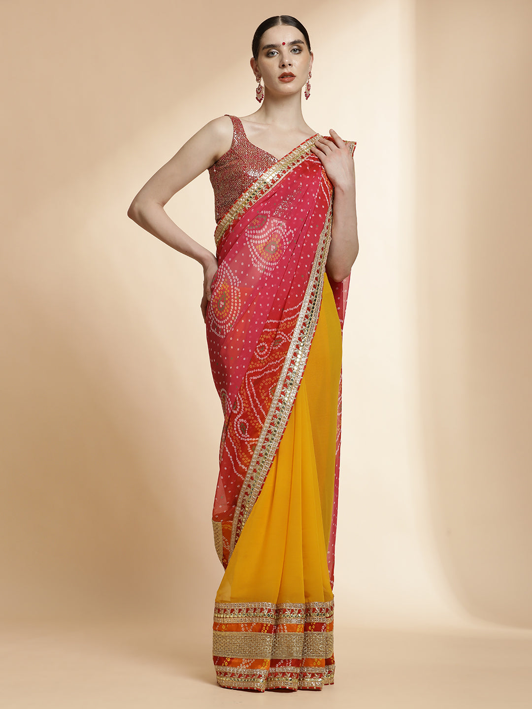 Pink Heavy Bandhani Embroidered Pure Georgette Saree