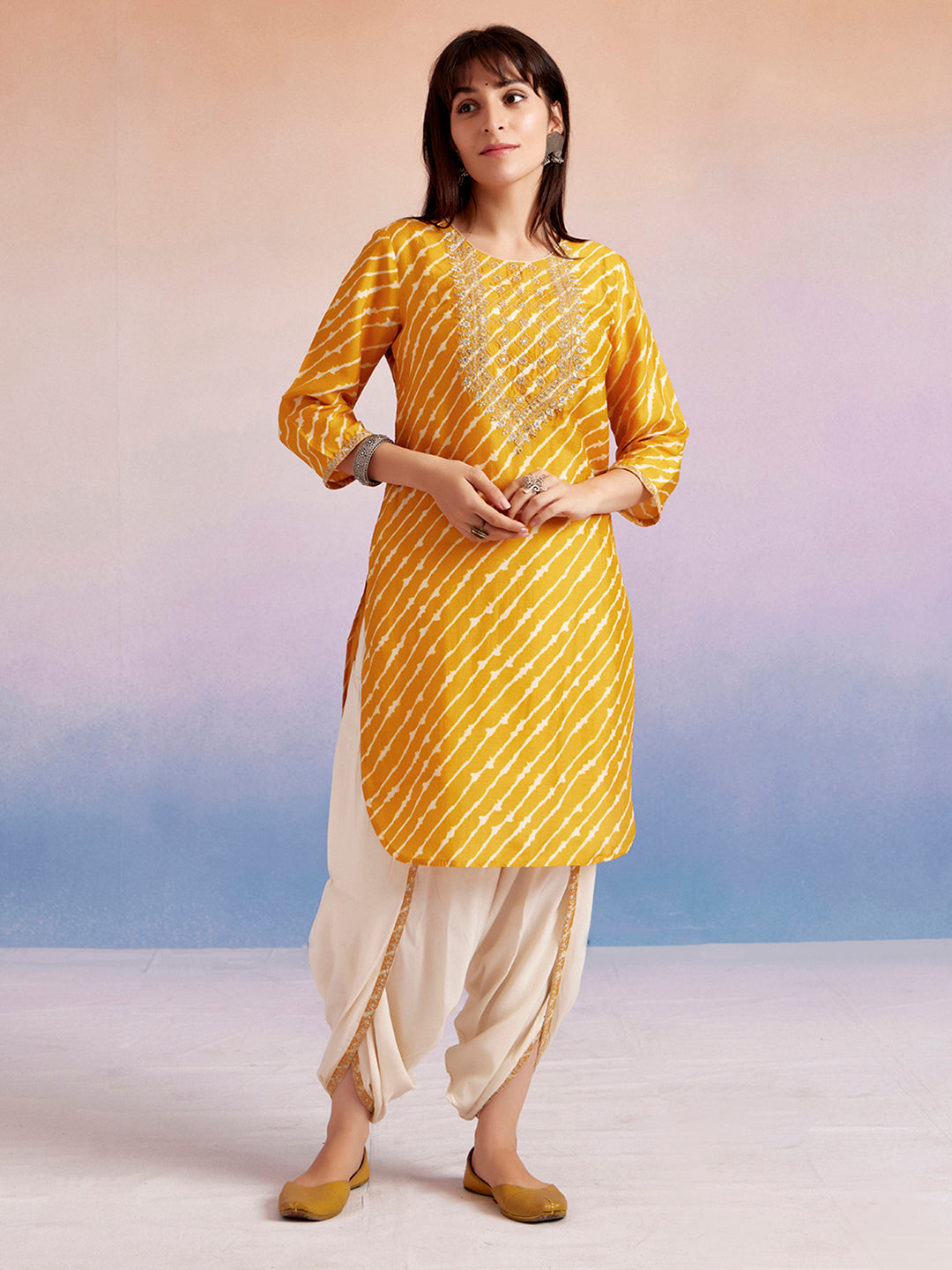 Mustard Embroidered Leheriya Kurta With Dhoti