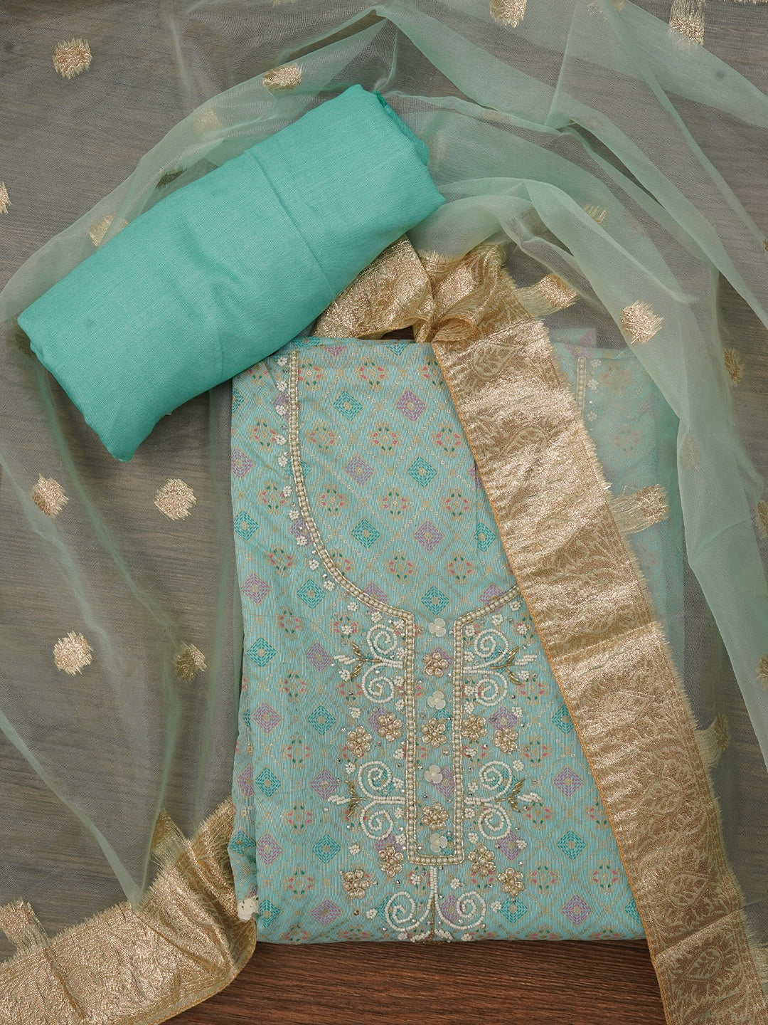 Sea Green Unstitched Embellished Cotton Blend Dress Material with Dupatta