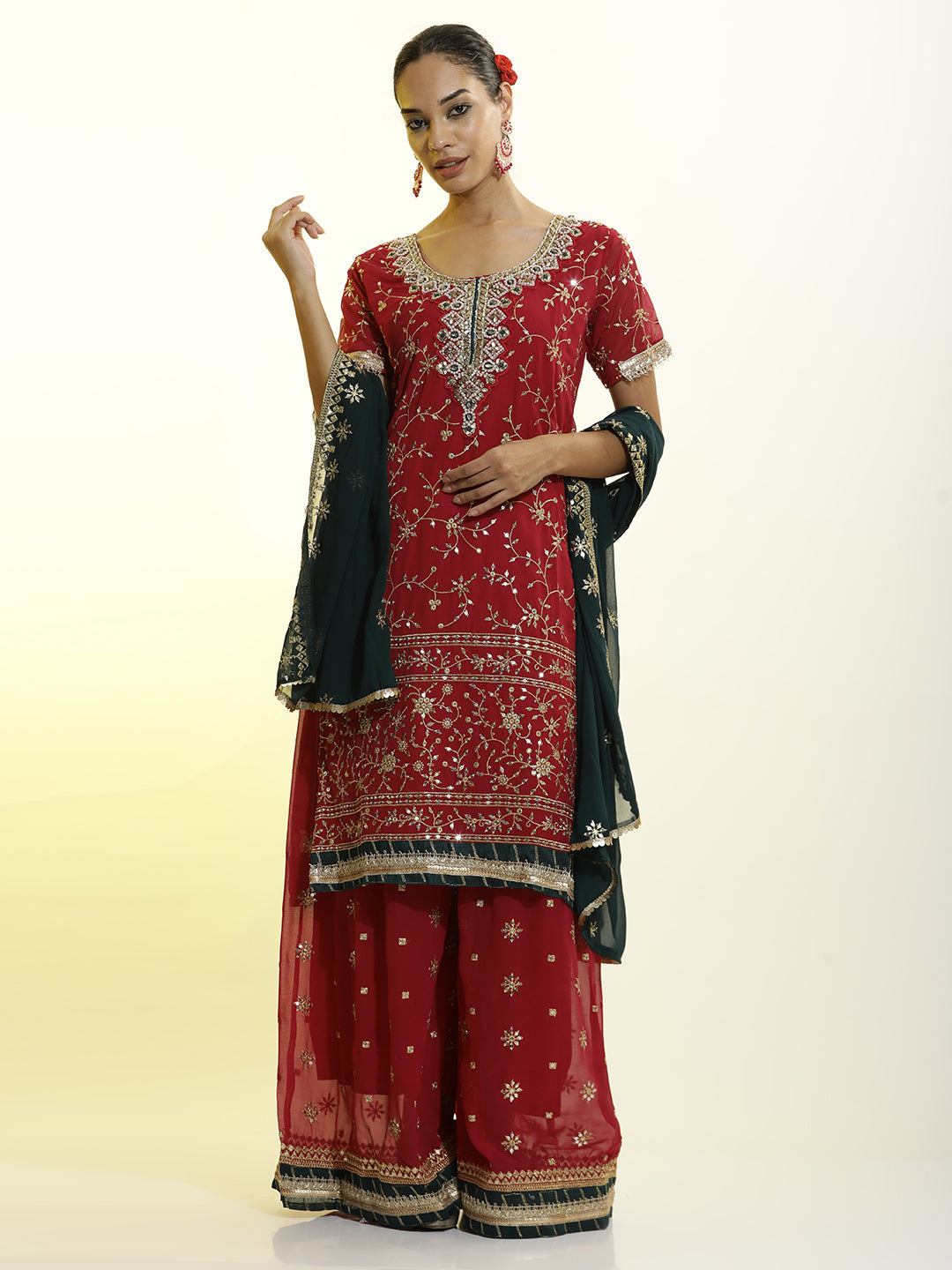 Festive Embroidered Georgette Kurta With Palazzo And Dupatta