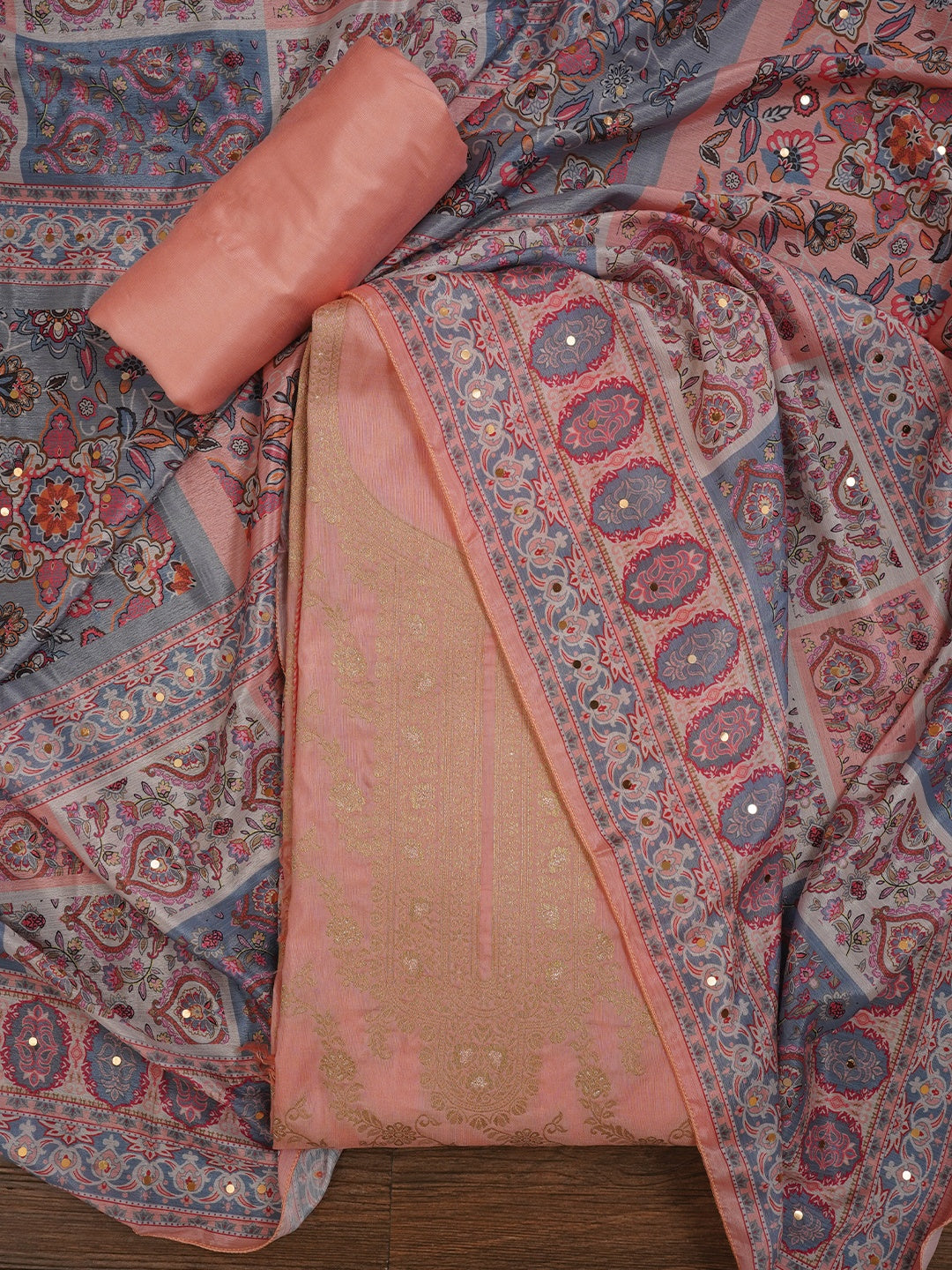 Peach Festive Silk Blend Zari Woven Dress Material With Dupatta