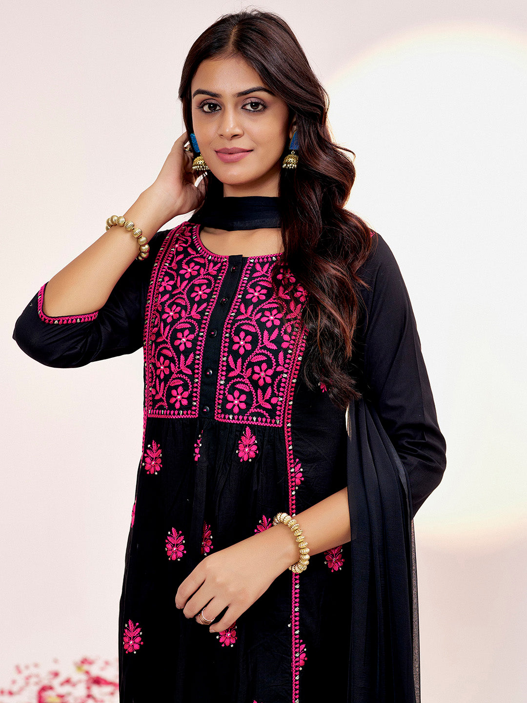 Black Threadwork Festive Pure Cotton Kurta Set With Dupatta