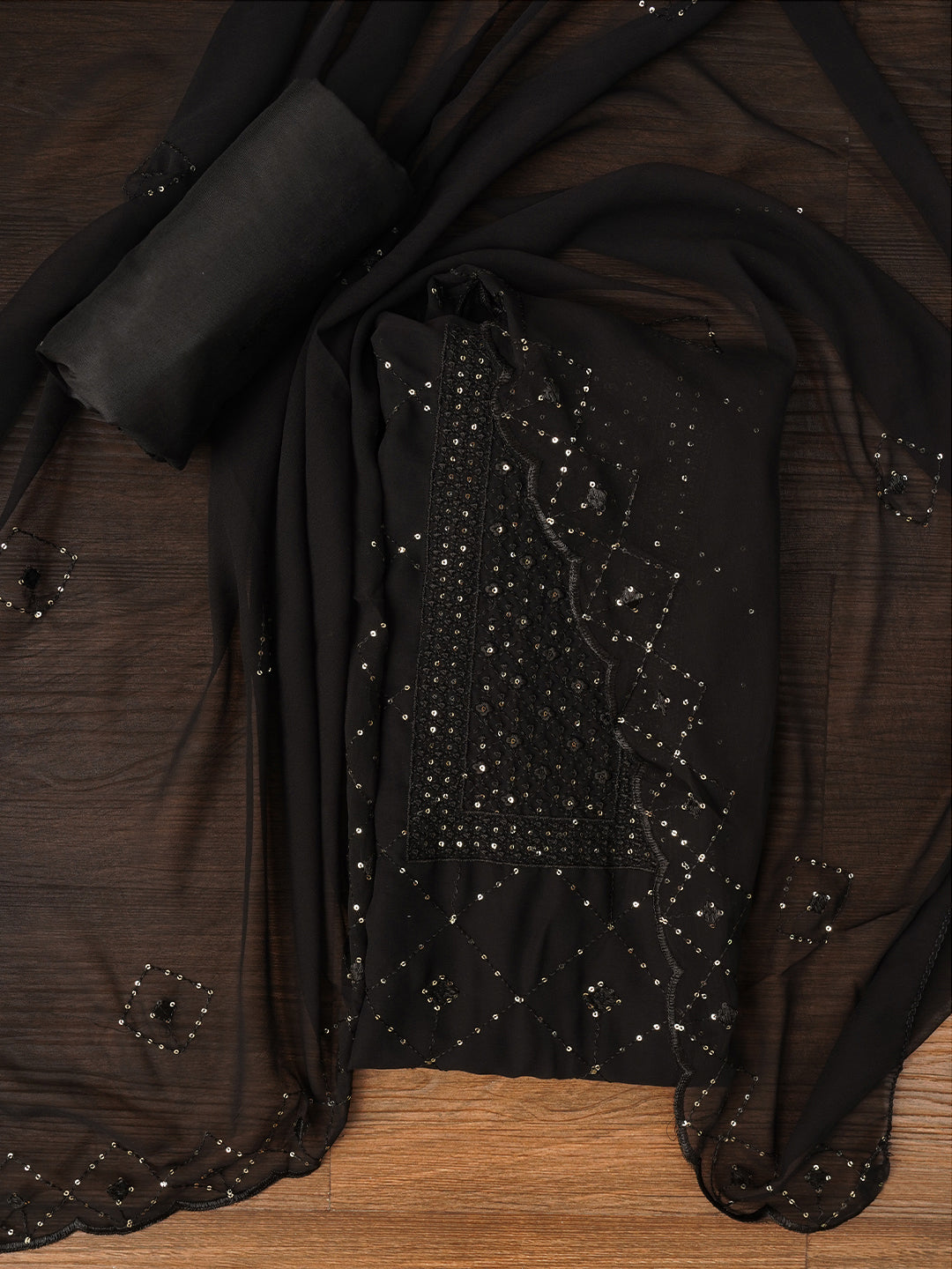 Black Sequin Embroidered Silk Georgette Dress Material with Dupatta