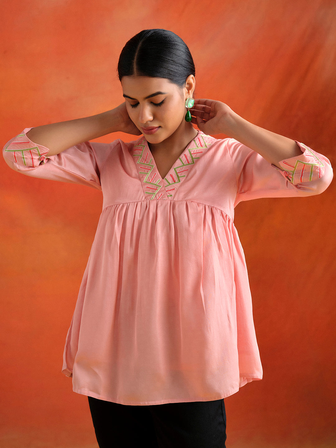 Pink Resham Embroidered Gathered Top